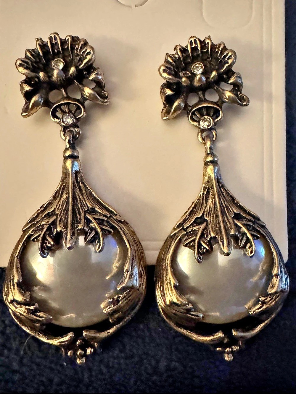 Floral Drop Earrings in Gold with Pearl accents. New
